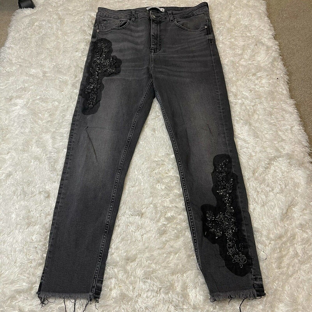 Zara Black "High Rise Skinny” Black Jeans With Beading And Frayed Hems, Sz 10